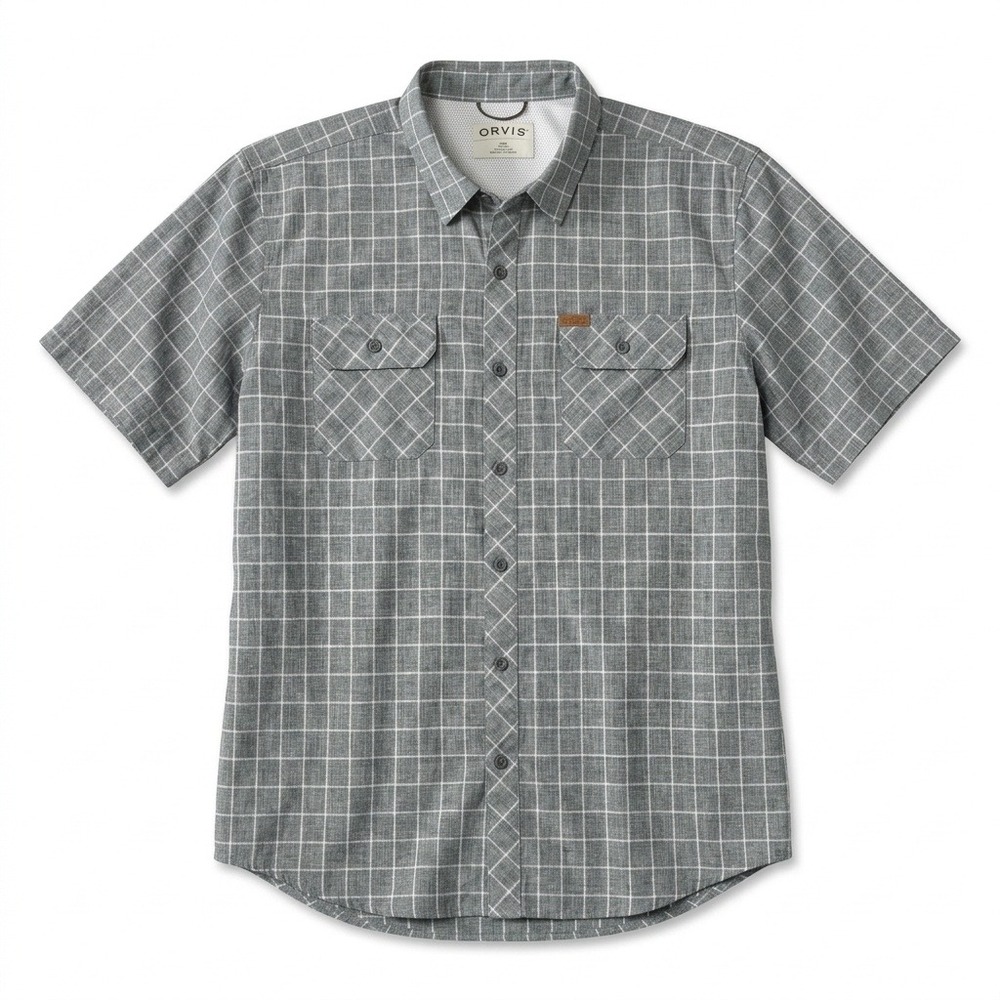 Orvis Men's XXL Gray Plaid Performance Fishing Shirt Short Sleeve Button Front